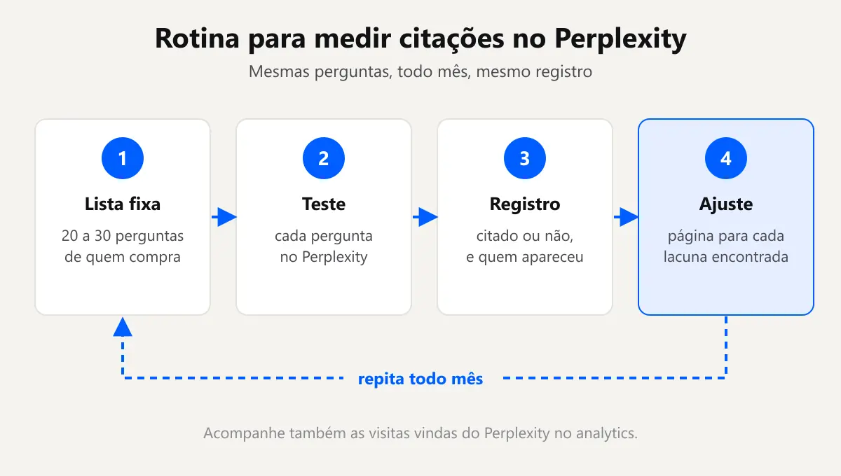 Fluxo da rotina mensal para medir se o Perplexity cita o site da empresa