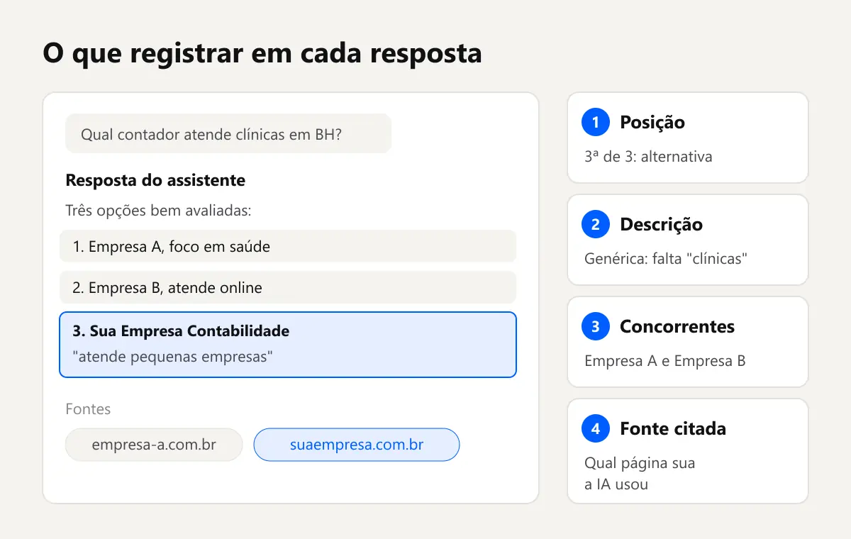 Exemplo de resposta de assistente de IA citando suaempresa.com.br, com marcações do que registrar no diagnóstico para aparecer no ChatGPT