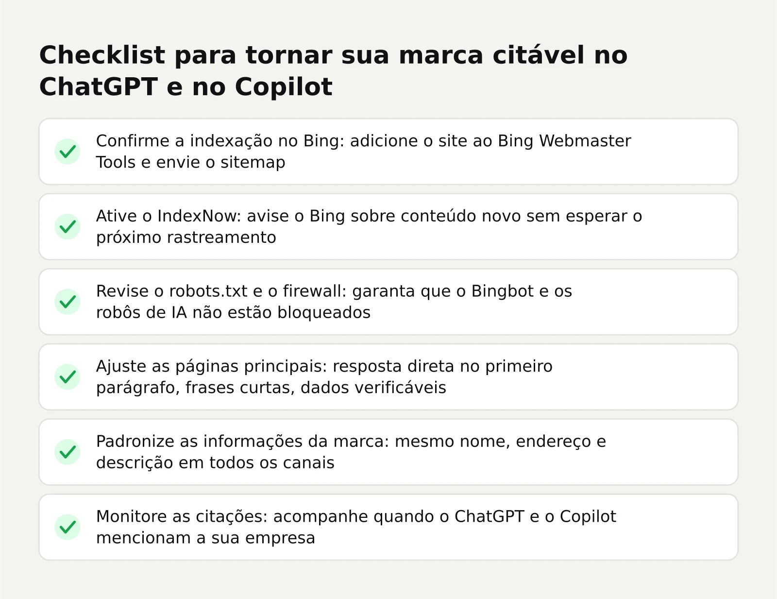 Lista de verificação com seis etapas para aumentar a chance de citação no ChatGPT e no Copilot, começando pela indexação no Bing e terminando no monitoramento de citações.
