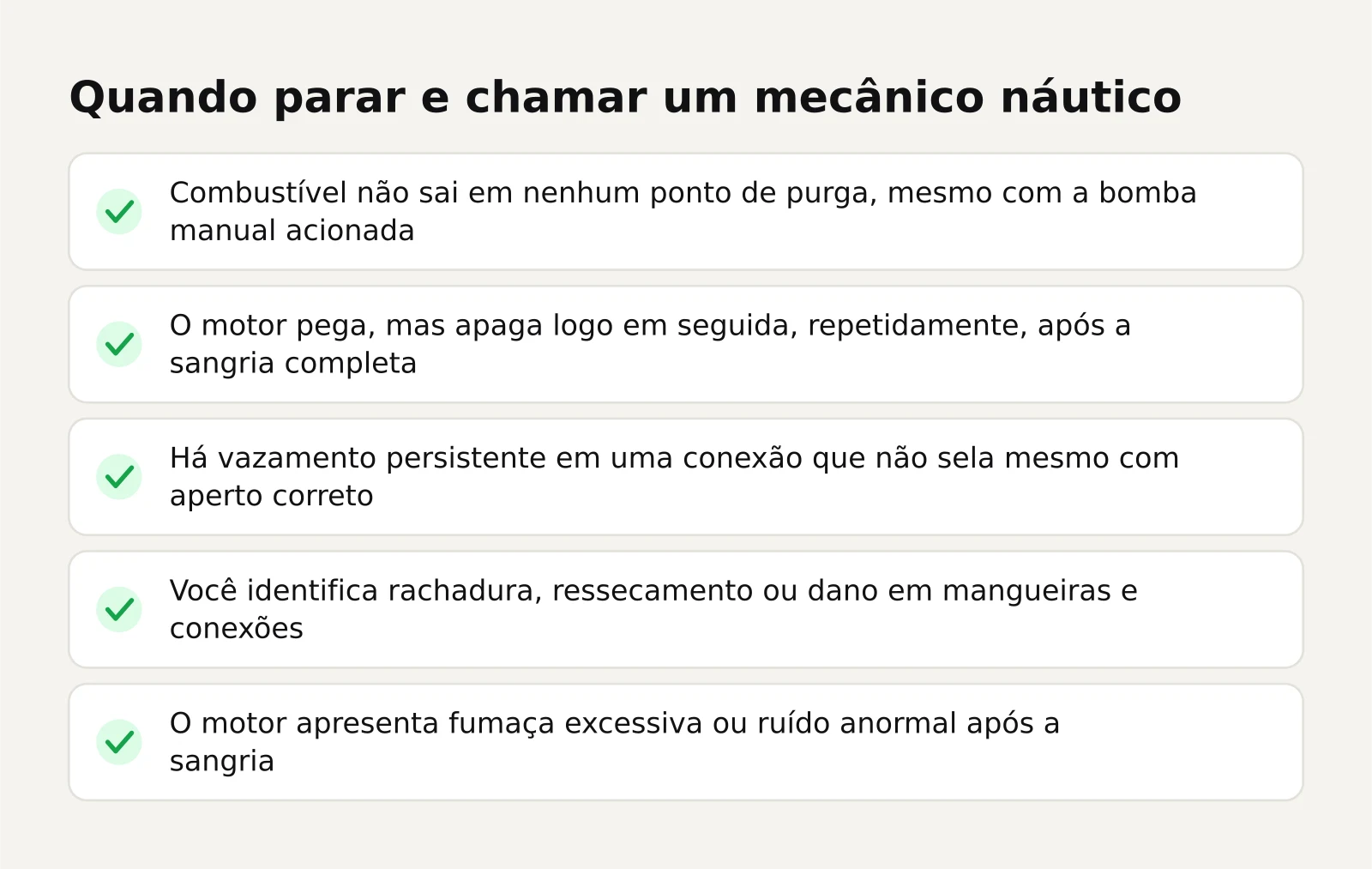 Lista de cinco situações que indicam a necessidade de interromper a sangria do sistema de combustível e chamar um mecânico náutico